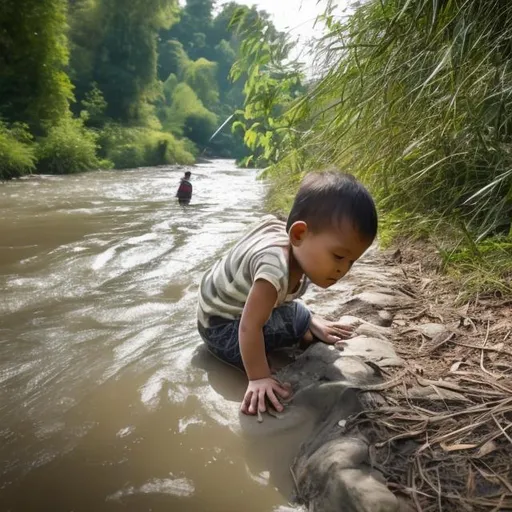 Prompt: Young child is crawling beside the river banks

