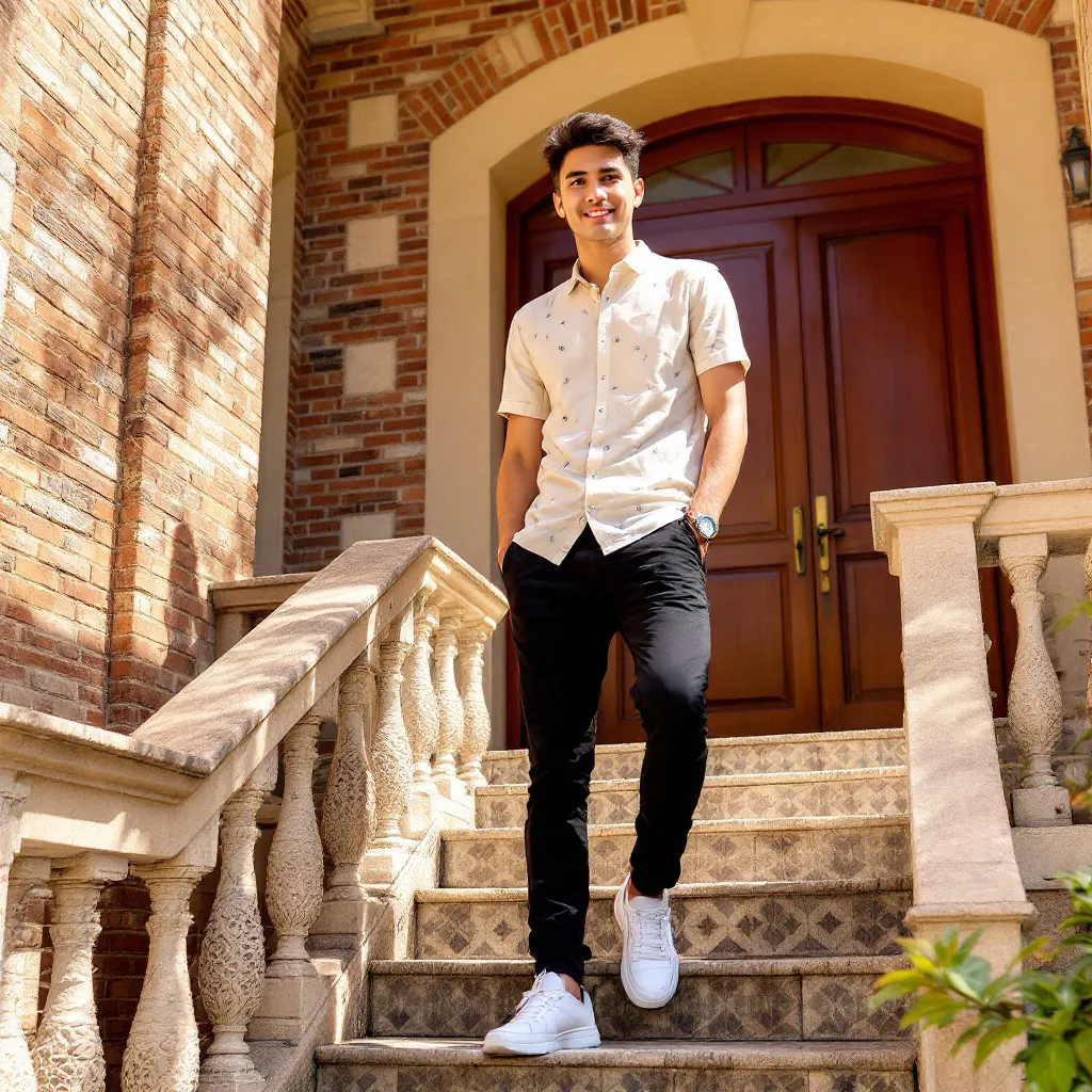 Prompt: A young man stands casually on a patterned stone staircase, leaning against a decorative railing that leads to a large wooden door behind him. He wears a light-colored, short-sleeved shirt decorated with subtle designs, paired with black pants and white athletic shoes. The environment conveys a warm, sunny day with bright lighting illuminating the scene, emphasizing the textured bricks of the building's facade, which features a mix of earthy tones. His posture exudes confidence, and there's a relaxed yet engaging vibe about him, suggesting a moment of leisure at home. The combination of the warm color palette and the stylish attire adds to the contemporary appeal of the setting.