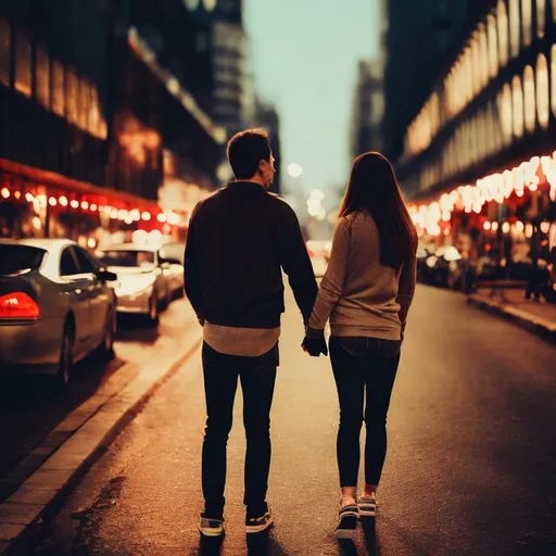 Prompt: Adult couple holding hands, bright city lights, urban setting, romantic atmosphere, high quality, detailed, warm tones, cityscape, love, connection, nighttime, urban romance, professional lighting, back turned to us