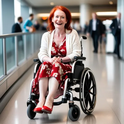 Prompt: Pretty invalid woman aged 49  in racing  wheelchair wearing dress and white cardigan with red hair and a long floral dress . She looks fragile and pleading she wears red shoes and is wheeling at the airport. She asks for help and smiles cheerfully