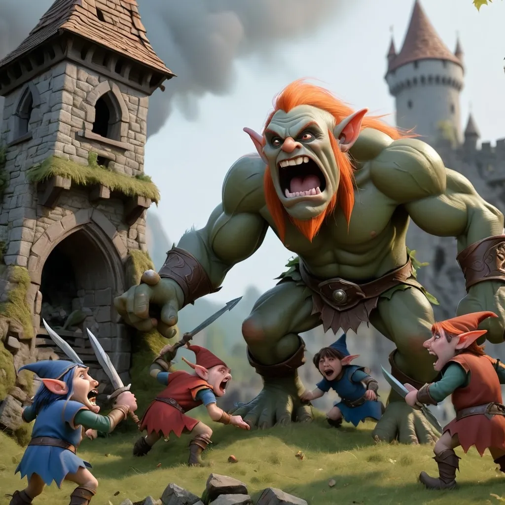 Prompt: elfs fighting trolls near a collapsing castle