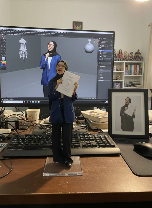 Prompt: @@ZhmGOD+++:Create a 1/18th scale commercial sculpture from the image, in a realistic style, in a real-life environment. The sculpture is placed on a computer desk. The sculpture has a transparent acrylic base, with no text on the base. The content on the computer screen is the ZBrush modeling process of the figure. Next to the computer screen is a frame containing the photo printed with the original artwork.