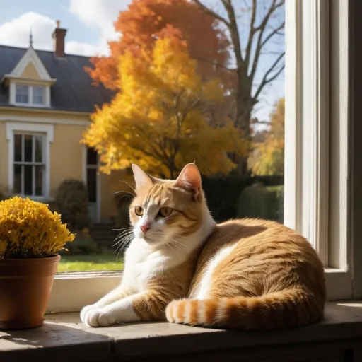 Prompt: A cat reclining on a windowsill, overlooking the perspective from outside in an autumn garden on a partially cloudy morning. The color palette consists of white, brown, gray, and yellow, with a Victorian house in the background. The distribution of light and shadow contrasts with the interior of the house through the perspective of the window, with the sun and shadows generated by the garden vegetation. Maintain the golden ratio for overall balance of the image elements