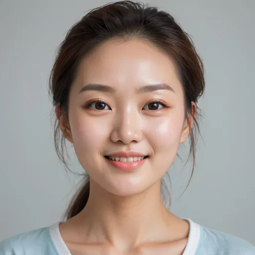 Prompt: The face of a beautiful Korean woman with perfect golden ratio proportions among its features and a facial disposition that suggests purity through her features, balance, and symmetry. She is smiling with closed lips, radiating contentment and detachment in her gaze. The color palette varies from white, light blue, and light orange, with a harmonious background and contrasting light and shadow enhancing the expression of her gaze.contrasting light and shadow enhancing the expression of her gaze