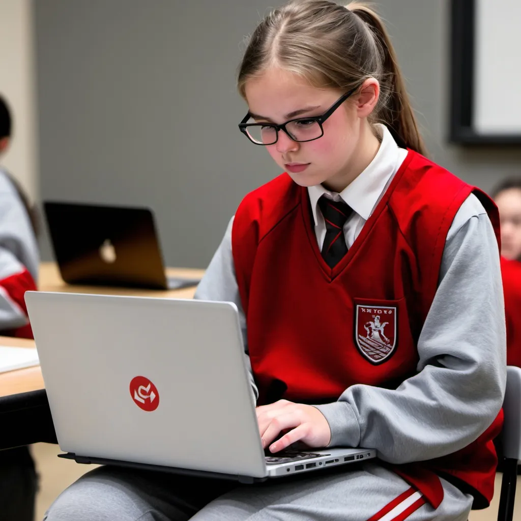 Prompt: student sitting down and typing a laptop and wearing a red and grey uniform