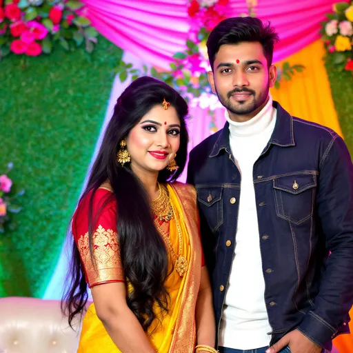Prompt: In a vibrant celebration, a couple stands together against a backdrop of colorful decorations, featuring lush green fabric interspersed with bright floral arrangements. The woman, adorned in a traditional yellow and red saree with intricate gold detailing, displays a graceful expression, complemented by ornate jewelry including a nose ring, while her long black hair is elegantly styled. Beside her, a man dressed in a casual dark denim jacket over a white turtleneck maintains a confident demeanor, providing a stylish contrast to the woman's formal attire. The scene exudes joy and festivity, framed by the warm glow of the indoor lighting that highlights the richness of their attire and the celebratory atmosphere.