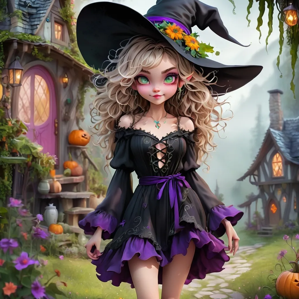 Prompt: Digital art, whimsical adorable boho witch pixie , full body: mischievous and disheveled : flirty vivid expressive eyes, disheveled hair with stray tendrils , disheveled boho witch clothes: magical witchy cottage background, witchy boho look, intricate details, octane render, intricate details 