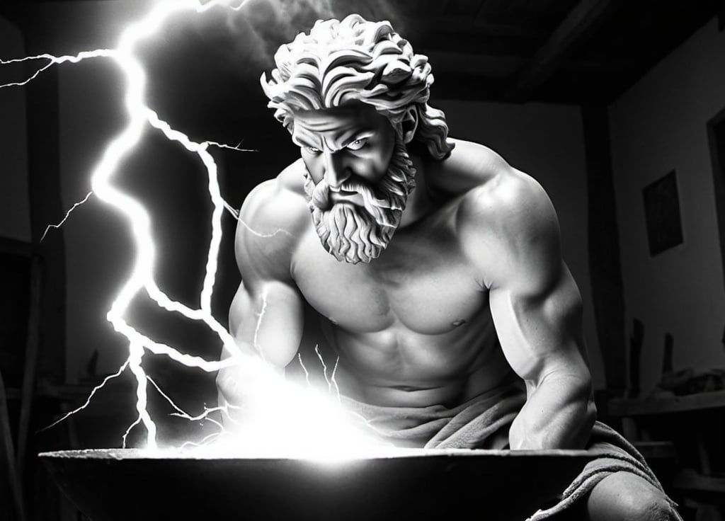 Prompt: 20 years old young Zeus forges lightning on an anvil black and white picture