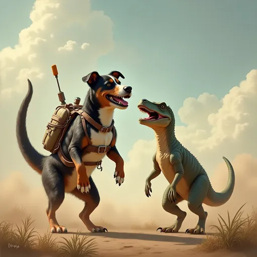 Prompt: A dog with a Jetpack and a dinosaur