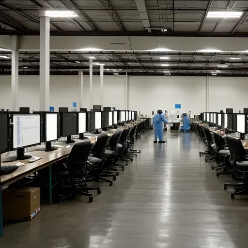 Prompt: Hundreds of scientists working on computers in a warehouse