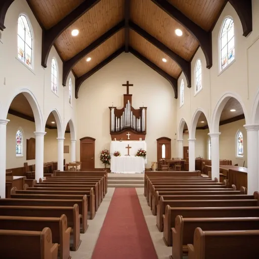 Prompt: Create the inside plan of a church with 100 seats,one aisle,raised alter,