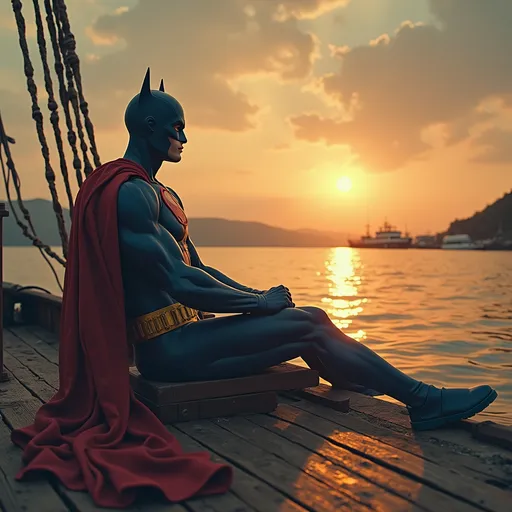Prompt: Generate an image of a superhero sitting comfortably on the fying ship. With a riverfall from the dawn having vintage view. its orientation is square