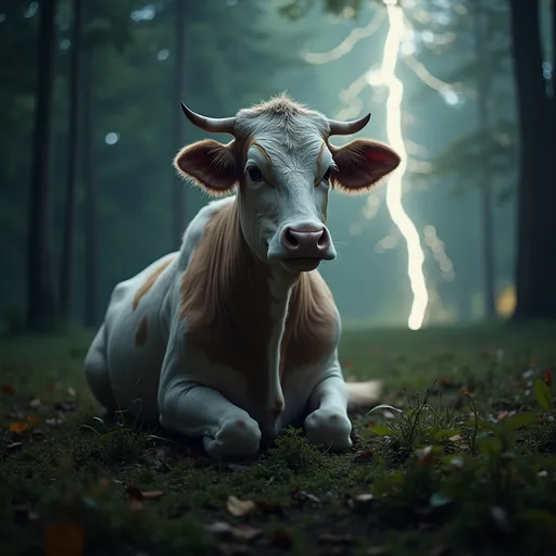 Prompt: Generate an image of a cow sitting comfortably on the screen of a tech guru. With a lightening from the trees having Atmospheric settling.
