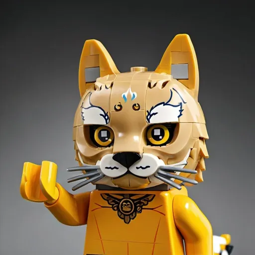 Prompt: Task Clarification: Creating a unique mask character resembling a cat that embodies energy, resilience, and expressiveness as a talisman for the "Brutt" brand. Emphasize that the character's face should be positioned en face to convey maximum energy and expressiveness.

Color Selection: Using deep shades of gold and champagne to provide the character with elegance and prestige.

Design Element: Focusing on the facial expression, hairstyle style, and distinctive features to convey strength, charm, and attractiveness.

Character Detailing: Adding incredible details that reflect the character's personality and worldview.

Positive Character Traits: Crafting a male character with a vibrant personality that exudes boldness, joy, and readiness to collaborate for effective brand identification with "Brutt."