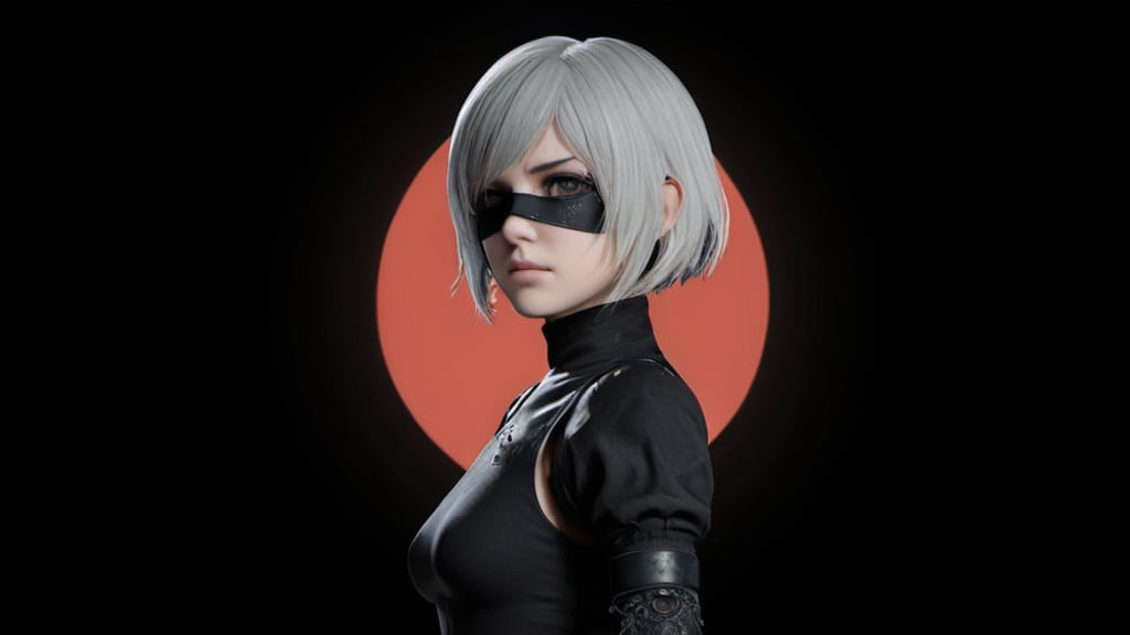 Prompt: Highly detailed 3D rendering of 2B from NieR: Automata, intricate details on clothing and hair, intense and focused gaze, dramatic lighting, sleek and professional, high-quality, cinematic, cyberpunk, detailed eyes, ultra-detailed, dark and moody tones, cybernetic enhancements, atmospheric lighting