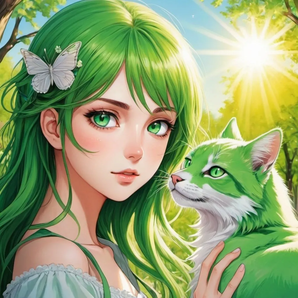 Prompt: manga feminin au yeux vert  magicienne au soleil 
fond d ecran damour
avec des animaux magique 