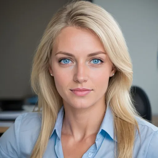 Prompt: handsome blonde woman, blue eyes, at the office