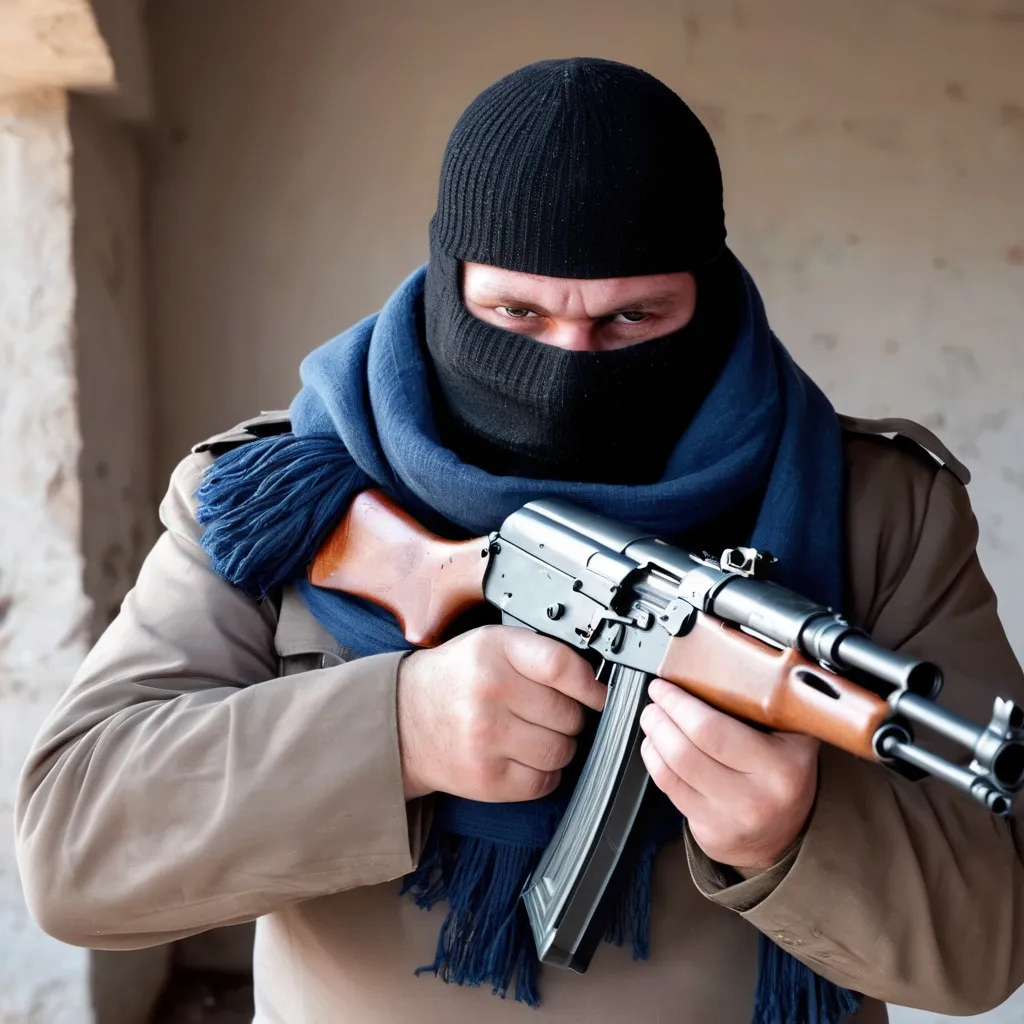 Prompt: A big man shooting using akm-47 and covering his face with scarf