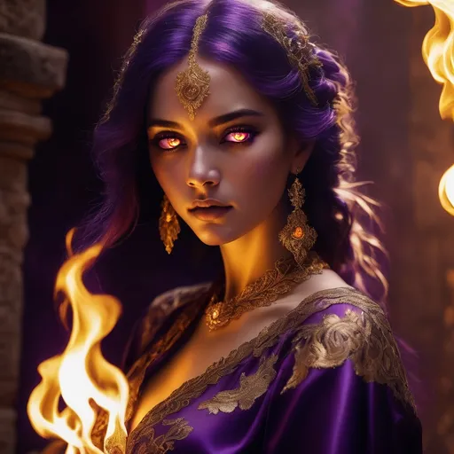 Prompt: (Fire Genasi), (gold eyes), (hair made of fire), elegant dark purple silk dress, intricately detailed gold embroidery, vibrant colors, dramatic lighting, warm ambiance, striking composition, ultra-detailed, high-quality, captivating atmosphere, enchanting and mysterious vibe, intricate textures, dynamic interplay of light and shadow, rich, cinematic depth.