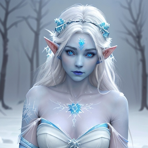 Prompt: Elf princess with (blue skin), winter landscape, (tattoo of many icicles) centered on left side of chest and shoulder and collarbone, (white hair), (blue eyes), (regal and enchanting), delicate features, intricate winter-themed accessories, leather dress, snowflakes falling around, serene atmosphere, (highly detailed), chilly color tones, ethereal glow, (4K resolution), beautifully contrasting with the snowy background. Duchess