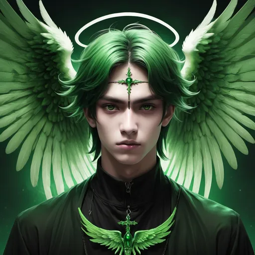 Prompt: Male seraphim of death green 6 wings teen human face