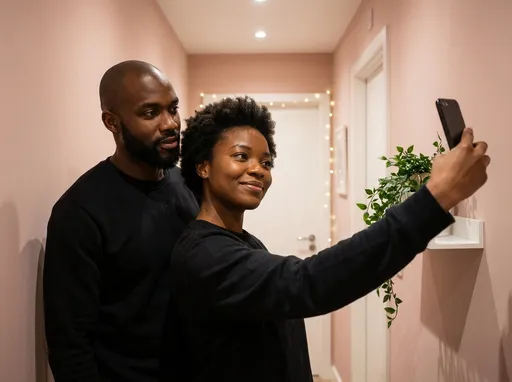 Prompt: This photograph depicts a Black couple standing in a narrow, softly lit hallway with pink walls. The man, standing behind the woman, has a dark skin tone, a closely shaved head, and a trimmed beard. He is wearing a black long-sleeve sweatshirt. The woman, in front, has a medium-dark skin tone and short, natural curly hair. She is also wearing a black long-sleeve sweatshirt and is holding a black smartphone in her right hand, taking a selfie. She is smiling gently at the camera. The hallway has a white baseboard and a white door with a silver handle in the background. A small white shelf on the right holds a green potted plant with small leaves. The ceiling has recessed lighting, and there are faint, twinkling fairy lights visible in the background. The overall ambiance is cozy and intimate, with a soft, warm light that highlights the couple's relaxed and affectionate demeanor. The photograph is a candid, modern selfie capturing a personal moment between the couple.