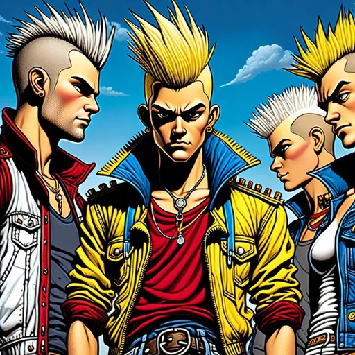 Prompt: <mymodel> orbital series of shots, 2d futuristic comic book, cel shaded, vector line illustration. man with gaunt cheeks, white mohawk, blue jean jacket, blue vest (gold cloud logo), red t-shirt (gold cloud logo), p, yellow sash, blue harem pants, yellow shoes with grey laces. High detail. Dark colors. Vibrant colors. Moody. Dramatic lighting. Photorealistic. bold lines. watercolor splotch background