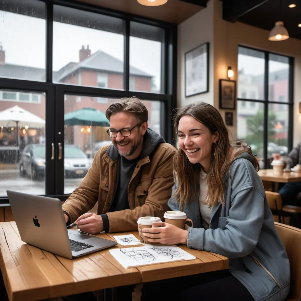 Prompt: Two friends, one male (Mark) and one female (Lisa), sitting in a cozy, modern coffee shop. Rain drizzles against the window behind them. Mark holds a laptop, while Lisa holds a napkin with sketches. Both are excited, with warm coffee cups on the table.