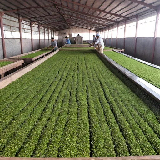 Prompt: Create picture of drying process in tea processing.