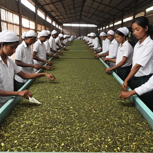 Prompt: Create a picture of Sorting/grading process in tea processing.