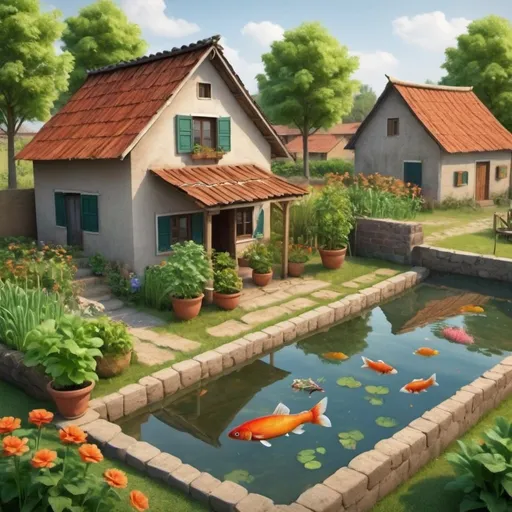 Prompt: Create an image of a Village house with a vegetable garden and a fish pond.