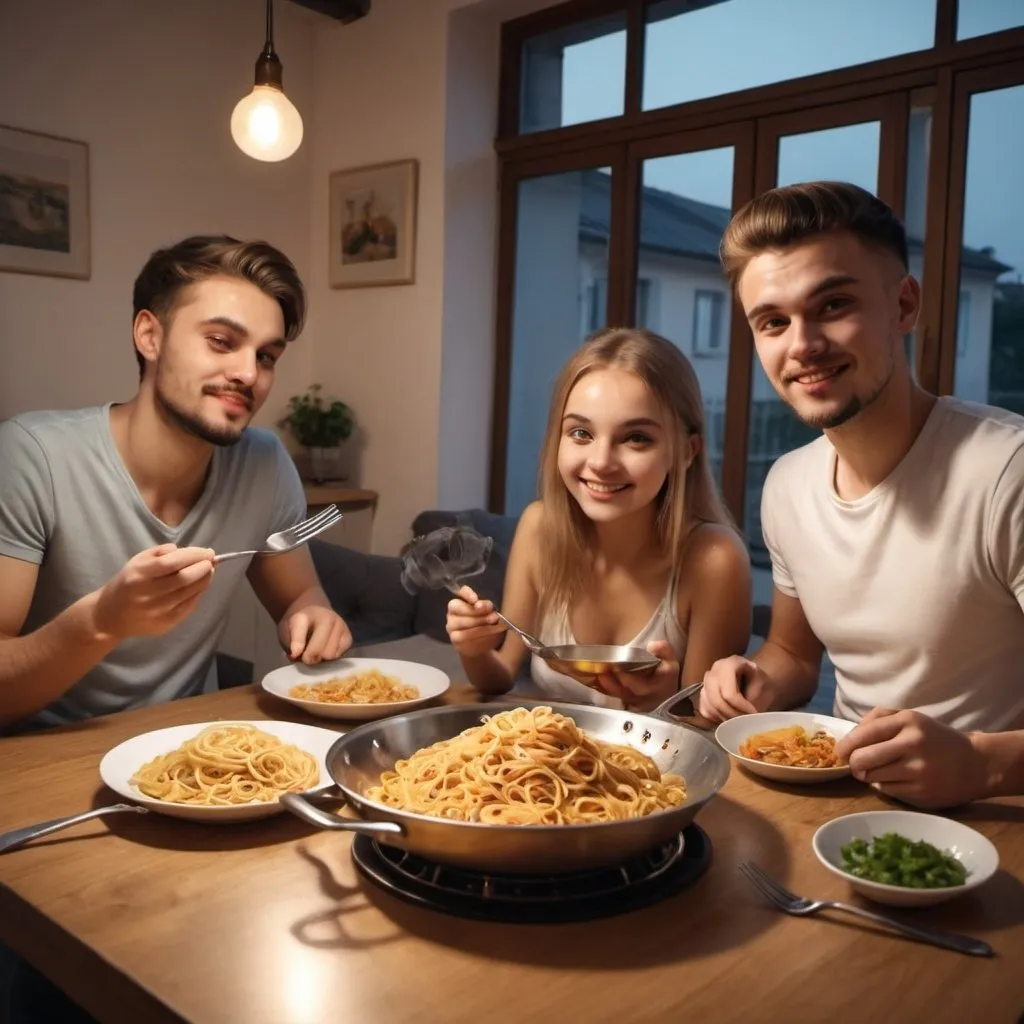 Prompt: 1 young girl and 2 guys eating at a table, everybody has his plate with pasta, and there is a wok steel pan in the middle of the table, it's cosy evening, golden hour, everybody is enjoying the moment, real life full hd