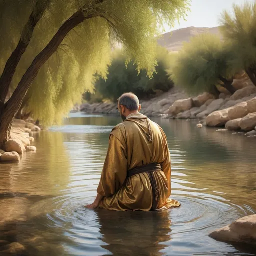 Prompt: A Greek man from the 1300s, (historical pilgrimage), wearing intricate traditional robes, kneels at the banks of the majestic Jordan River in awe, serene water flowing elegantly. The warm, golden sunlight bathes the scene, creating an atmosphere of reverence and spirituality. Lush greenery frames the background, adding depth, with high-quality, ultra-detailed rendering capturing the rich textures of the robes and the rippling surface of the water.