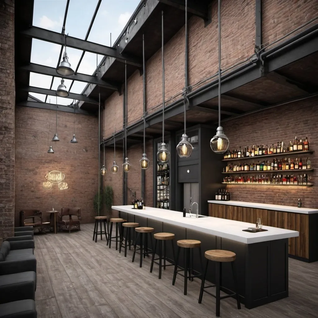 Prompt: visualization for LAMP BAR
bar will be in a modern loft style in the yard near industrial building
