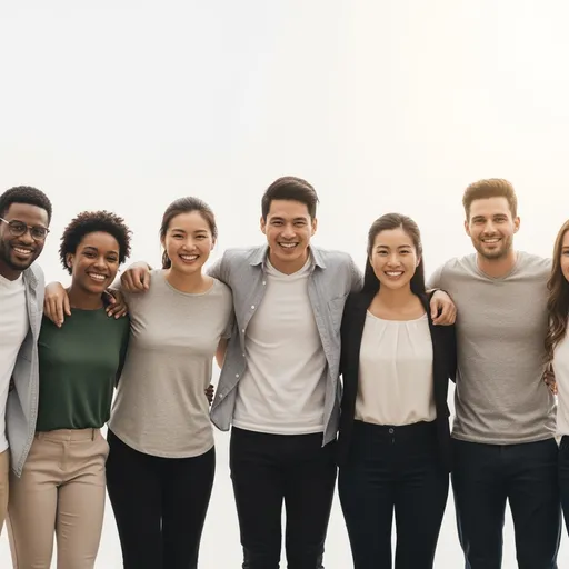 Prompt: A joyful, diverse team standing closely together, smiling and facing the camera as if posing for a graduation photo. Everyone has their arms around each other in a friendly, supportive manner. The background is minimal, clean, and softly lit — ideal for a website template. The group includes men and women of different ethnicities, wearing casual-professional clothing. The composition is centered and warm, conveying unity, success, and positive energy.