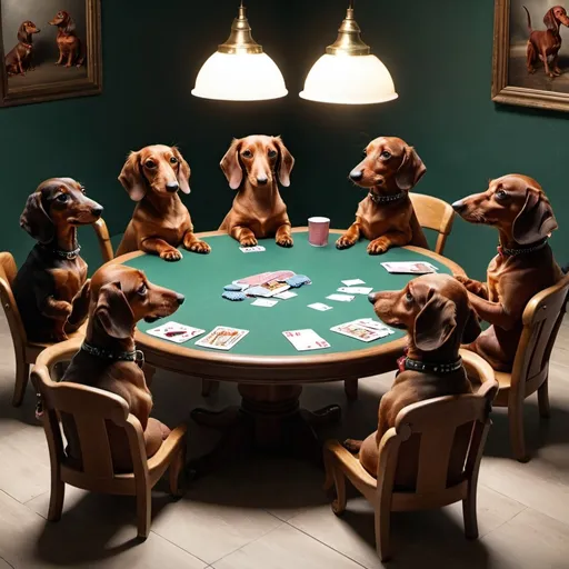 Prompt: a round table full of red dachshunds playing poker 