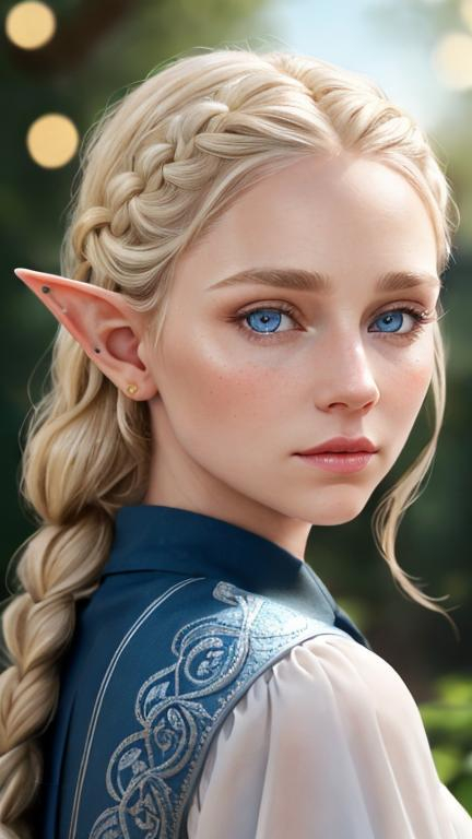 Prompt: Blonde big double french braid female elf, Blue eyes, many small dragon scale on face, Braids, perfect face, round eyes. Sandy blond hair. Light-skinned: cool undertones, rosy cheeks. Open, expressive facial features. perfect composition, 8k, high quality, sharp focus, intricate details, highly detailed