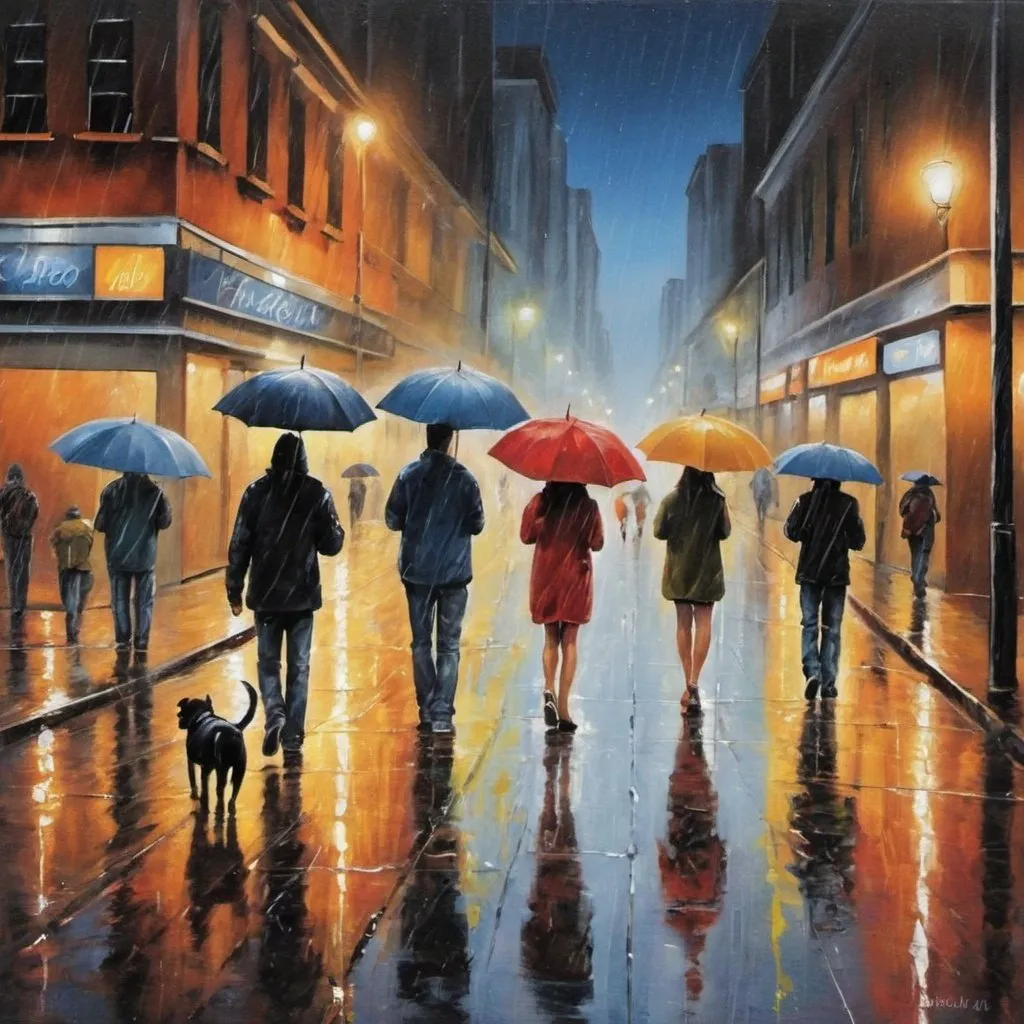 Prompt: Pintura a óleo. Pessoas andando nas ruas do centro de uma cidade à noite, na chuva, brilho de postes no chão ensopado. Um cachorro vira latas sujo com fome cheirando algo no chão 