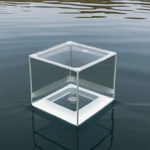 Prompt: A detection device, it is square, floats on the water when working, and has a square glass tube (transparent) in the middle. Note that the tube is horizontal, from left to right