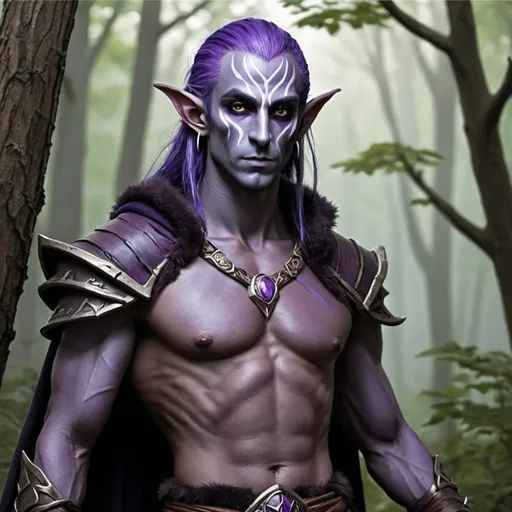 Prompt: Dark elf, male, purple skin, Druid, d&d, forest background, realistic