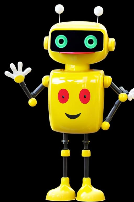 Prompt: create yelow robot in cartoon style, robot should look like a duck it should have black zorro mask, with two antennas sticking out of the head, left - red one, and right - green one. it should have transparent background and it should look straight ahead. it should have medium size red smiling duck's beak. it can have two hands up.