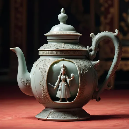 Prompt: A teapot that gave the hand and feet in a palace and inside his hand is a sword 