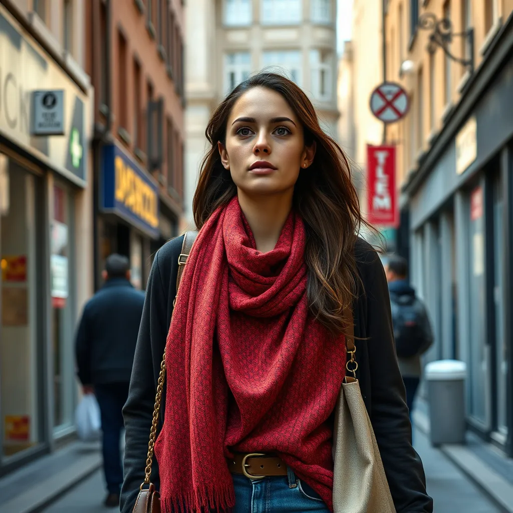 Prompt: Tall young woman walking down the high street, detailed clothing, realistic, natural lighting