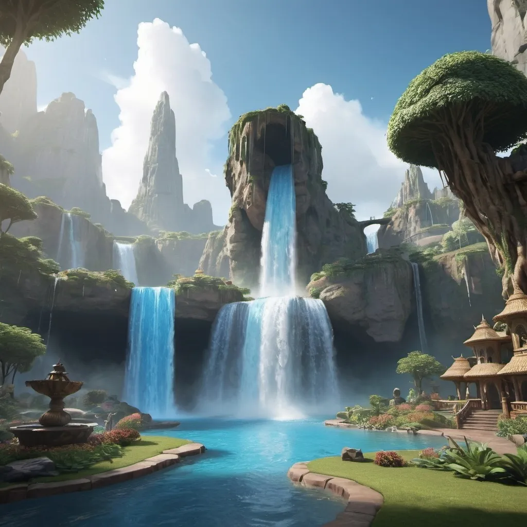 Prompt: Create a rendering with  a “whole new world” theme with some waterfalls and the earth 