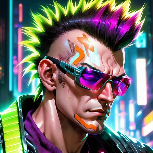 Prompt: Close-up of middle-aged cyberpunk man, mohawk hairstyle, futuristic glowing sunglasses, retrofuturism, 1980s sci-fi, shiny cyberpunk colors, dark city backdrop, game cover art, highres, 4k, detailed cyberpunk character, intense gaze, atmospheric lighting, urban cyberpunk setting, futuristic neon lights, professional, futuristic, intense colors, cyberpunk style, detailed facial features, game-style illustration