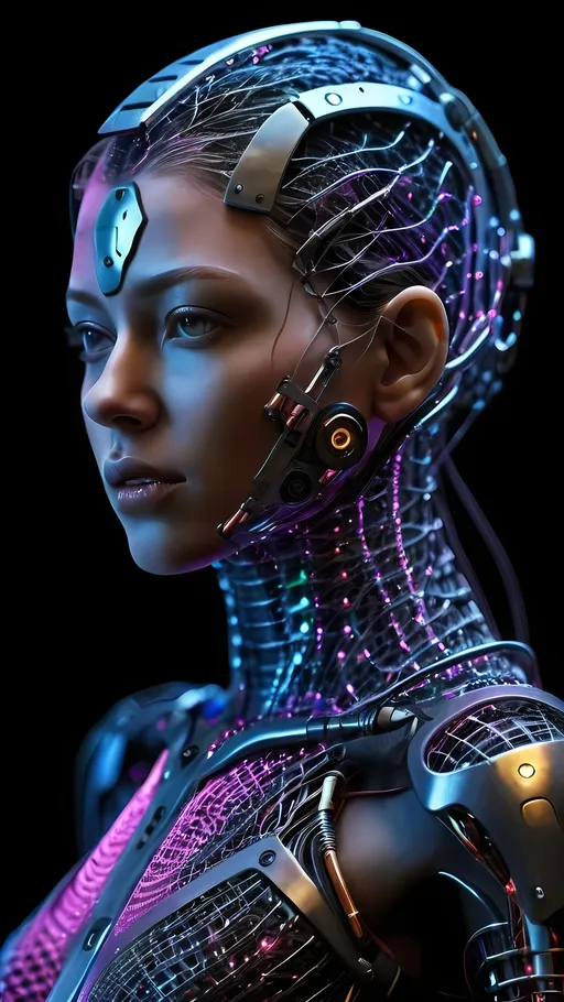 Prompt: 3d hyperrealistic Raw photo of mesh array aura , highly detailed, HD, dark background of a female cyborg. Masterpiece photo. Deep colorful and light enhancements