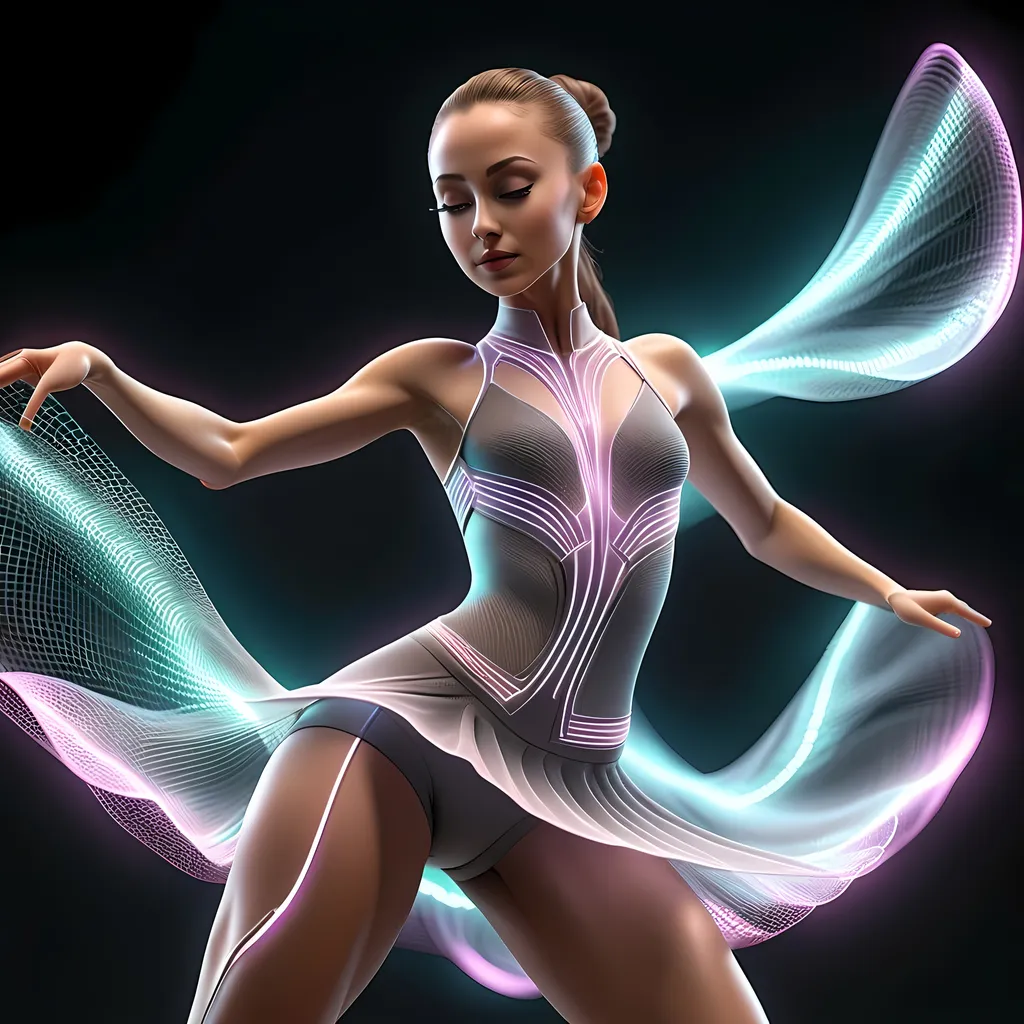 Prompt: 3D hyperrealistic female dancer, thin textured clothing, glowing mesh array, futuristic style, high quality, ultra-detailed, masterpiece, 3D rendering, hyperrealism, futuristic, glowing textures, dance movement, professional lighting