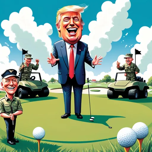 Prompt: Cartoon illustration, President Trump cheerfully opening a golf course, vibrant colors, humorous expression, playful caricature style, a tank standing prominently in the background, US soldiers observing with mixed reactions, sunny day ambiance, lush green grass of the golf course, bright blue sky with fluffy clouds, exaggerated comic style, dynamic and engaging composition.