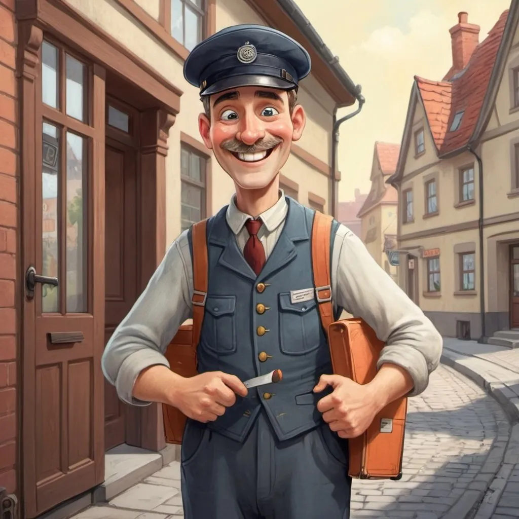 Prompt: Illustrate a cheerful 2D cartoon character named Gustav, the friendly postman from early 20th-century Europe. Gustav is a beloved figure in his community, known for his warm smile, kind demeanor, and impeccable service.