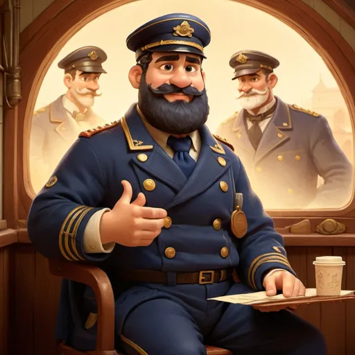 Prompt: Simple flat cartoon of an early 20th century postman, dark blue uniform, Austrian-style cap, gold braids, positive, sitting figure, beard, cloak, outstretched hand, vintage style, detailed linework, warm tones, friendly atmosphere